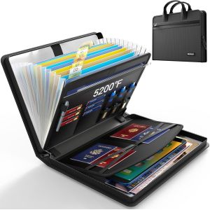 BLAZEFLUX-Hontom Classeur Accordeon 13 Poches Anti-Feu 5200F, Dossier Portable Zip Documents Importants Papiers Recus Maison - Neuf