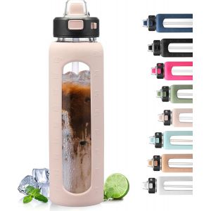 Eryi-900ml Bouteille D'eau En Verre Avec Poignée Et Paille Bouteille D'hydratation Avec Manchon En Silicone Et Marquage Du Temps Gourde De Motivation Pour Gym Sport Extérieur Anti-Fuite, Rose - Neuf