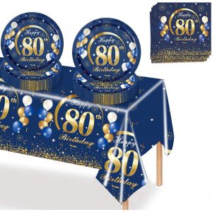 Kal-37 Pièces Anniversaire Vaisselle Lotbleu Or Anniversaire 80 Fête Vaissellekit Vaisselles Comprendre Papier Assiette Serviette Nappedecoration Anniversaire 80 Ans Pour 16 Invités - Neuf