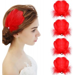 Kal-4 Pi&egrave;ces Rouge Plume Pinces &Agrave; Cheveux Rouge Plume Coiffe Accessoires Pour Cheveux Pour Femmes Filles, Perle Postiche Pour Carnaval Costume, Mari&eacute;e Mariage F&ecirc;te Cosplay - Neuf