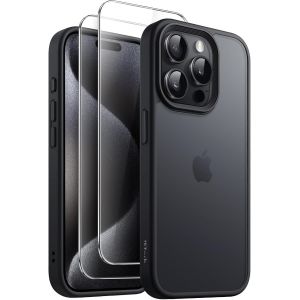 JGD-3 en 1 Coque Mat pour iPhone 15 Pro 6,1 Pouces avec Lot de 2 Films de Protection D'&eacute;cran en Verre Tremp&eacute;, &Eacute;tui Housse de T&eacute;l&eacute;phone Antichoc Givr&eacute;e Translucide (Noir) - Neuf