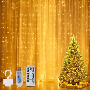 JGD-Guirlande Lumineuse 3x3M 300 LED (Blanc Chaud) | USB, Rideau Lumineux Noel avec T&eacute;l&eacute;commande, Minuterie & 8 Modes Dimmables, IP65 &Eacute;tanche | Lumiere Noel pour D&eacute;coration No&euml;l, Mariage, Int&eacute;rieur - Neuf