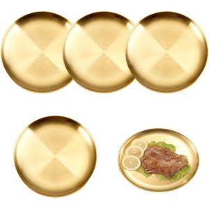 Kalanka-4 Pi&egrave;ces 20cm Plats Ronds En Acier Inoxydable,Plats De Service En Inox,Plat De Service Rond,Assiettes Rondes En Acier Inoxydable,Pour Camping,Pique-Nique,Randonn&eacute;e,Cuisine,F&ecirc;te - Neuf