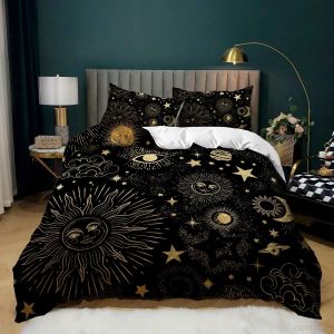 Parure De Lit 3 Pieces 100 % Bambou Naturel Avec Housse De Couette Et Taies D'oreiller, Motif Soleil Et Lune, Avec Fermeture Éclair - Literie Douce Et Fraîche, Parfaite Pour Les So - Neuf
