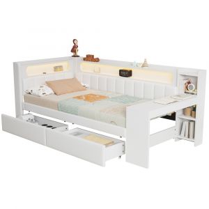 Lit de jour capitonn&eacute; 90x200 cm avec ports USB et ceinture LED, bureau et 2 tiroirs, blanc - Neuf