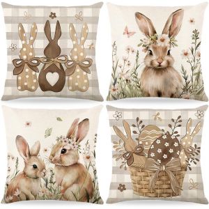 Kalanka-4 Pi&egrave;ces P&acirc;ques Housses De Coussin 40 X 40 Cm,Taie D'oreiller De P&acirc;ques,Taie D'oreiller En Lin,Motif De Lapin De Fleurs D&eacute;coration De P&acirc;ques,Pour Canap&eacute; Chambre Maison Printemps D&eacute;coration (B - Neuf