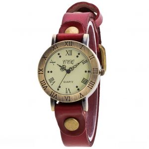 Montre A Quartz Ccq Pour Femme, Style Retro Punk, Cadran A Chiffres Romains, Bracelet En Alliage Pu (Rouge) - Neuf