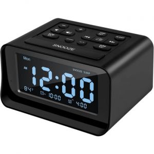 Double Alarme Radio-réveil, Numérique Réveil avec 2 USB port de Charge, de 0 à 100% Gradable, Volume Réglable, Intérieur Thermomètre (Noir) - Neuf