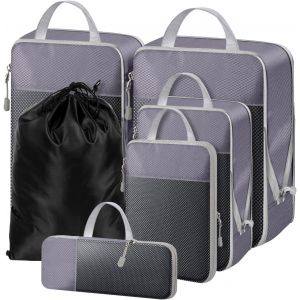 Lot De 6 Cubes D'Emballage De Compression Pour Val , Sac Essentiel Avec Maille Extensible, Organ Urs De Voyage, Rangement, Fermeture &Eacute;clair, Organ Ur Multifonction, Gris - Neuf