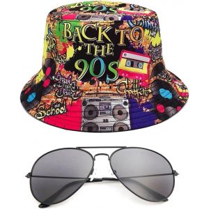 1 Chapeau Bob Vintage,1 Paire De Lunettes De Soleil,Chapeau De Soleil Double Face,Chapeau De Soleil Graffiti,Chapeau De Décoration De Fête - Neuf