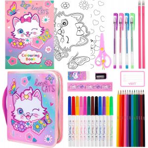 Set De Marqueurs Avec Étui À Crayons Chat Pailleté Et Papeterie, Fournitures D'art Kits De Coloriage Pour Les Enfants, Cadeaux D'anniversaire Pour Les Filles Âgées De 4 À 12 Ans - Neuf