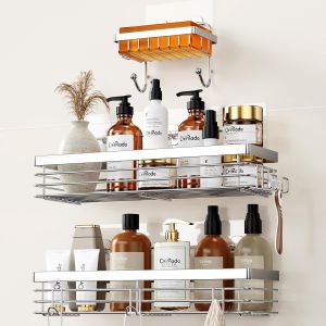 u2013 Lot de 3 paniers de douche adh&eacute;sifs en acier inoxydable avec 5 crochets pour salle de bain, cuisine, rangement mural sans per&ccedil;age - Neuf