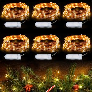 Guirlande Micro Led En Fil De Cuivre 6m, 60 Led, &Agrave; Pile Cr2032 | Guirlande Lumineuse Pour Chambre, Int&eacute;rieur Deco, Mariage, No&euml;l, F&ecirc;te | Blanc Chaud | Lot De 6 Pi&egrave;ces - Neuf