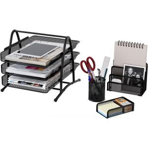 Lot de 4 Porte Revues de Bureau avec Bac à Lettres Empilable Organisateur Courrier et Range Dossiers avec Corbeilles de Tri et Porte Stylo Idéal pour Bureau École et Maison,Noir - Neuf