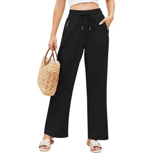 Pantalon Lin Femme Été Coton Pantalon Fluide Longue Avec Poches Décontractés Elegant Droit Pantacourt Elastique Taille Haute Yoga Printemps Ample Travail Casual - Neuf
