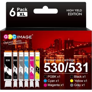 PGI-530 CLI-531 XXL Compatible Cartouches d'encre pour Canon 530 531 PGI-530 CLI-531 pour Canon TS8750 TS8751 (1 PGBK,1 Noir,1 Cyan,1 Magenta,1 Jaune,1 Gray,6-Pack) - Neuf