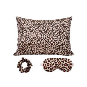 Ensemble Taie D'oreiller, Masque Pour Les Yeux Et Chouchou En Soie Synth&eacute;tique Marron : Taie D'oreiller 76 X 50 Cm, Masque Pour Les Yeux 20 X 9,5 Cm, Chouchou 3 Cm - Neuf