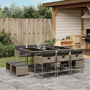 Ensemble À Manger De Jardin 11pcs Avec Coussins Gris Poly Rotin - Neuf