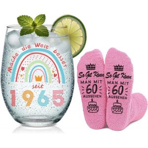 Cadeau D'anniversaire Pour Femme 1965-Verre À Vin Avec Gravure Et 60e Chaussettes D'anniversaire-Verre À Vin Rouge Et Chaussettes-Cadeaux Amusants Pour 60 Ans-Pour Mère Grand-Mère S?Ur (1965) - Neuf
