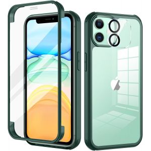 Coque Iphone 11 Protection 360° Anti-Choc Avec Verre Trempé 9h Intégré, Protection Caméra Surélevée, Bumper Robuste Transparent - Vert Slim - Neuf