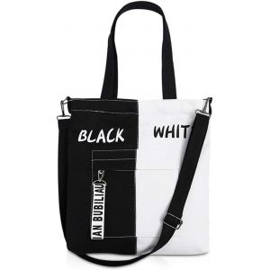 SJZG-Femmes Sac &Agrave; Main Sacs &Agrave; Bandouli&egrave;re Casual Sacs Port&eacute;s &Eacute;paule, Toile Sac De Courses Sacs D'&Eacute;cole Pour Filles Noir Blanc - Neuf