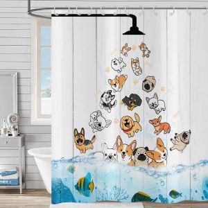 Sjzg-Rideau De Douche Dr&ocirc;le 165x180, Animal De Compagnie Color&eacute; Chien Et Poisson Oc&eacute;an Enfants Rideau De Douche Rustique Bois Fond Rideau De Baignoire Imperm&eacute;able Polyester Tissu Rideau De Bain - Neuf