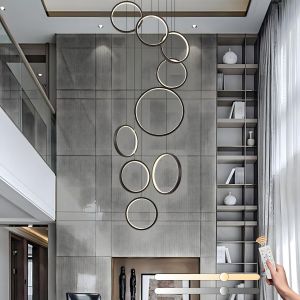 Subzonal-Lustre D'escalier &Agrave; Led, Lampe De Plafond Haut Moderne &Agrave; 9 Anneaux Noirs, Lampe Suspendue R&eacute;glable En Hauteur Pour Entr&eacute;e, Variateur Avec T&eacute;l&eacute;commande 3000k-6000k, Couloir, Salon, Escaliers - Neuf