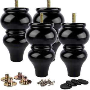 Pieds de meubles en bois massif noir de 15 cm par La Vane, lot de 4, avec boulons M8 pre-perces et plaque de montage - Neuf