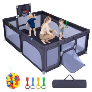 Costway Parc Bebe - 50 Balles Oc&eacute;aniques, Panier De Basket, But De Football, Porte Zipp&eacute;e, 4 Anneaux De Traction 0-3 Ans Gris Fonc&eacute; - Neuf