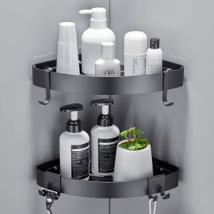 Etagere Douche Sans Percage Rangement Salle De Bain &Eacute;tag&egrave;re D'Angle Douche Support Salle De Bain Avec 4 Crochets, Raumfahrt-Aluminium Noir 2 Unit&eacute; - Neuf
