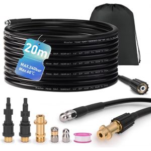 MEVRONISSHOP-Kit de nettoyage de canalisations 20 m, 240 bar 3 adaptateurs, 2 buses rigides et rotatives Compatible avec K2, K3, K4, K5, K6, K7, LAVOR, Bosch, Parkside - Neuf