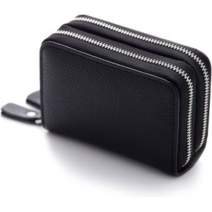 Porte-Monnaie En Cuir Véritable Pour Femme - Porte-Cartes De Crédit En Cuir Double Zipper Change Pouch Wallet Card Holder Porte-Monnaie Mini Simple Coin Pocket (Le Noir) - Neuf
