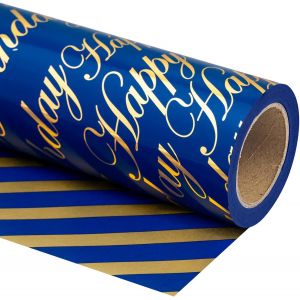 Papier D'emballage D'anniversaire Réversible - Mini Rouleau - 43.2cmx10m - Lettre Bleu Et Or ""Happy Birthday"" Pour Anniversaire, Vacances, Fête, Baby Shower - Neuf