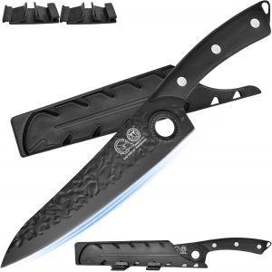 Oayew-Forged Japanese Chef Knife 8 Inch,Black High Carbon Steel,Full Tang,Kitchen Knife Meat Cleaver For Meat Cutting,Ultra Sharp Blade,Finger Hole Design,Slicing Cooking Knife With Wood Handle - Neuf