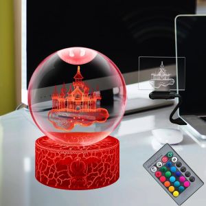 Kalanka-3d Glow Glass Boule De Cristal Transparent Avec Support Château Princesse Fille Usb Base Télécommande Rvb 16 Changement De Couleur 4 Mode Gradation Bureau Crèche Noël Anniversaire 3,15 Pouces - Neuf