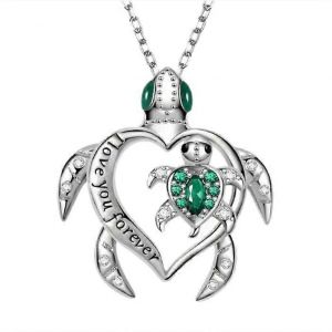 Collier &laquo; Maman Tortue Verte &raquo;, Bijou Animalier Pour Femme, Cadeau Fait Main Pour No&euml;l Ou Un Anniversaire, Plaqu&eacute; Argent. - Neuf