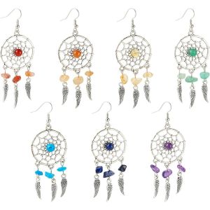 Kal-Beadthoven Boucles D'oreilles Attrape-Rêves Antique Avec Pierres Naturelles Et Ailes En Alliage Pour Boucles D'oreilles À Crochet Bohême Cowgirl, Pierre - Neuf