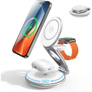Mag-Safe Induction Charger 3 In 1 Fast Wireless Charging Station For Iphone 16 15 14 13 12 Pro/Max/Plus, Apple Watch 9 8 Se 7 6 5 4 3 2, Airpods 2/3/Pro (30w Charger Included) - Neuf