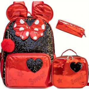 Ensemble 3pcs Sac à Dos Fille 41,9 cm avec Trousse & Boîte Repas – Style Mignon - Neuf