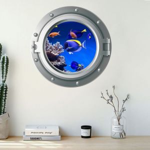 Lot De 2 Stickers Muraux 35x35cm, 3d Hublot Tortues Sous-Marines Dauphins Stickers Muraux Chambre D'enfant Nurserie Salle De Bain - Neuf