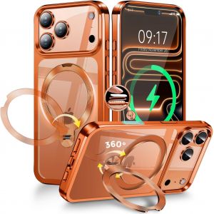 LORANKA-[Anneau en M&eacute;tal CD& 360&deg; Rotation Support Invisible] Coque Magn&eacute;tique pour iPhone 17 Pro Max [Compatible Magsafe][Pare-Chocs Antichoc Galvanis&eacute;]Coque Fine Transparente avec Support - Orange - Neuf