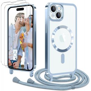 Kal-Coque Pour Iphone 15 Avec Cordon De Collier + 2×Verre Trempé, Coque Transparente Silicone Bumper Etui Housse Avec Cordon Réglable, Coque Magnétique Pour Iphone 15 Bleu - Neuf