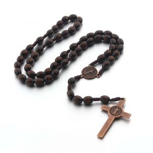 Collier Chapelet En Bois Naturel, Croix Marron Fonc&eacute; - Neuf