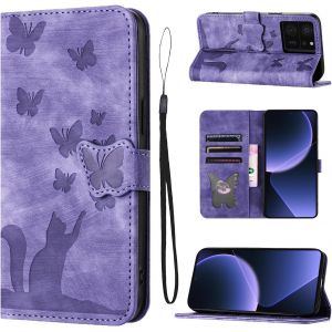 KAL-Housse Tablette Pour Xiaomi 13T / Xiaomi 13T Pro Mat&eacute;riau En Cuir Pu Coque Xiaomi 13T Avec Fentes Pour Cartes Motif Papillon Chat Coque Xiaomi 13T Pro Violet - Neuf