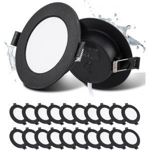 Lot De 20 Spots Led Encastrables, 5W, Noir, Spot Salle De Bain, Ip44, Ultramince 25 Mm, Blanc Froid 6000K, Trous &Oslash;75-90Mm, Spot Led Ext&eacute;rieur Rond, Ac 220V-240V, Pour Cuisine Salon Chambre - Neuf