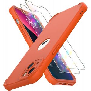 Kal-Coque Pour Iphone 13 Mini + 2 Pièces Verre Trempé Protection Écran, 2 En 1 Antichoc Souple Silicone Tpu Arrière Rigide Pc Avant Housse De Protection Pour Iphone 13 Mini 5,4"" Orange - Neuf