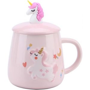 Eryi-Tasse Licorne,Tasses À Café En Céramique Avec Couvercle Et Cuillère Pour Les Filles, Animaux Mug Bureau Accueil Tasse À Thé Pour Le Lait Du Matin Cadeau De Noël 400ml (Rose) - Neuf