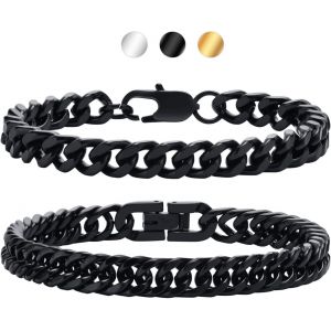 Bnhgc-2pcs Bracelet Homme Gourmette - Chaîne Bracelet Cubaine En Acier Inoxydable, Argent/Or/Noir, 19cm/21cm/23cm, Bijoux Homme Cadeau Pour Garçon Femme - Neuf