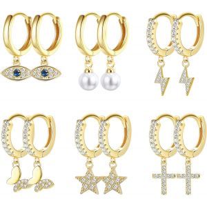 Kal-6/12 Paires Boucles D'oreilles Pendantes Or Pour Femmes Filles Boucles D'oreilles Creoles Pendantes En Zircon Cubique Boucles D'oreilles Perle Evil Eye Étoile Lune Boucles D'oreilles - Neuf