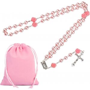 Trahoo-Chapelet Catholique, Croix Chretienne Homme Chapelet, Collier Croix, Cadeau Communion Fille, Chapelet De Perles De Rose Clair, Médaille Du Sol Sacré, Crucifix Avec Sac À Cordon Velours - Neuf